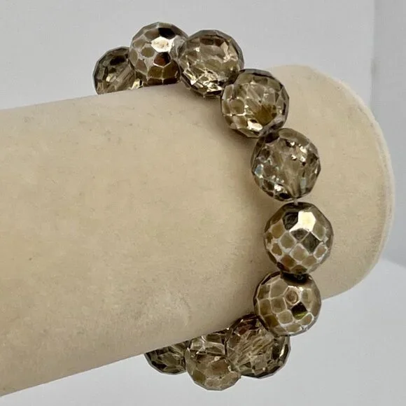 Faceted Czech Glass Fire Polished Gray Gold Crystal Chunky Bead Stretch Bracelet - Picture 15 of 16